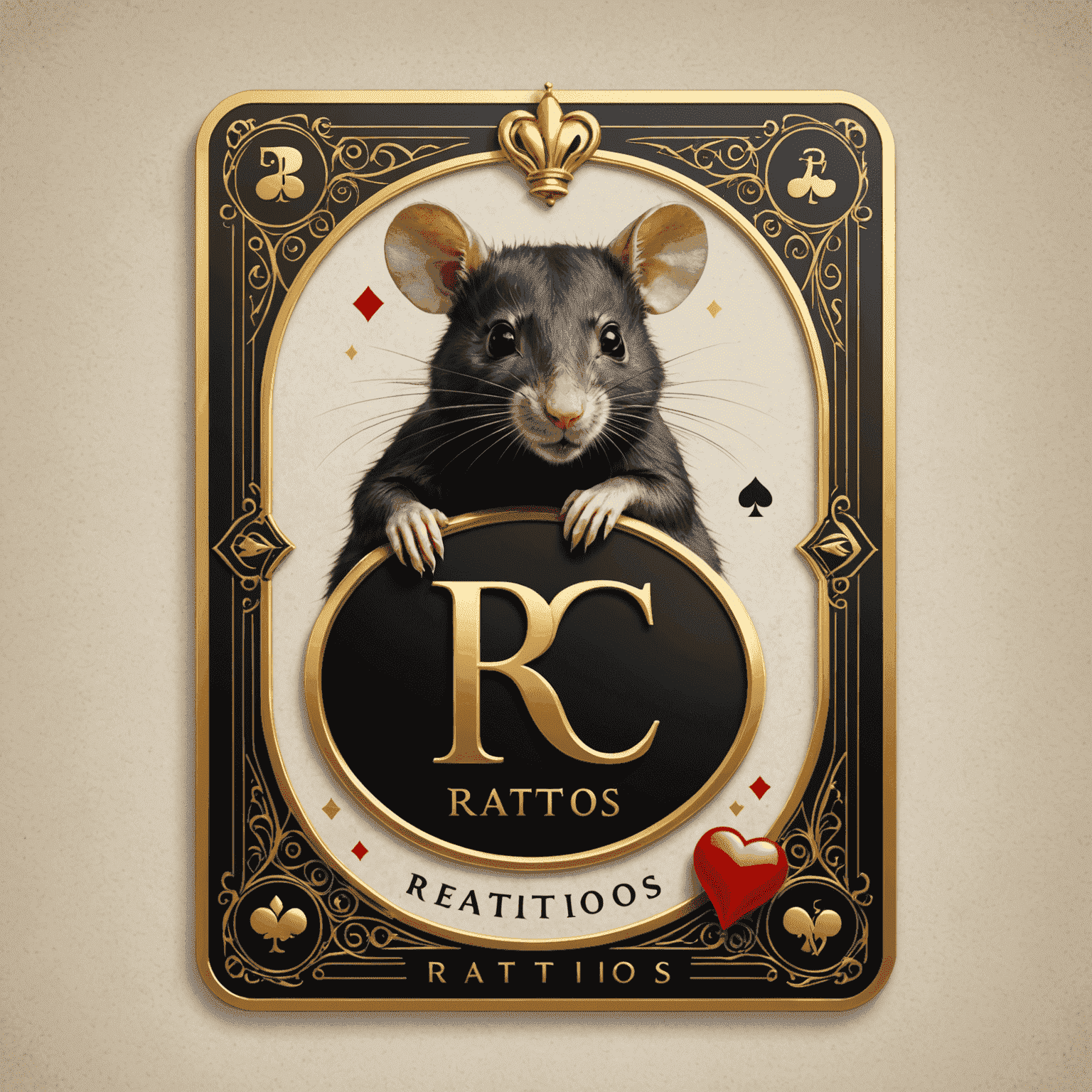 Ratitos.com logo - Een elegant ontwerp met gouden letters en een speelkaart symbool, wat luxe en spanning uitstraalt