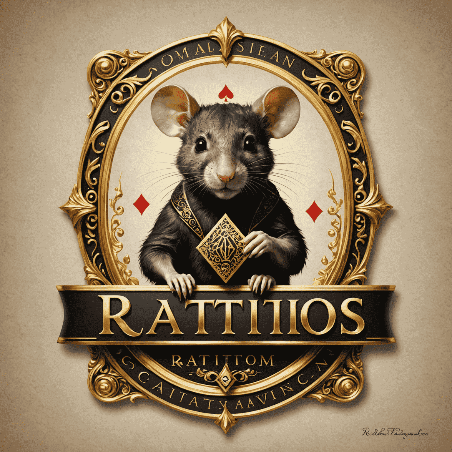 Ratitos.com logo - Een elegant ontwerp met gouden letters en een speelkaart symbool, wat luxe en spanning uitstraalt