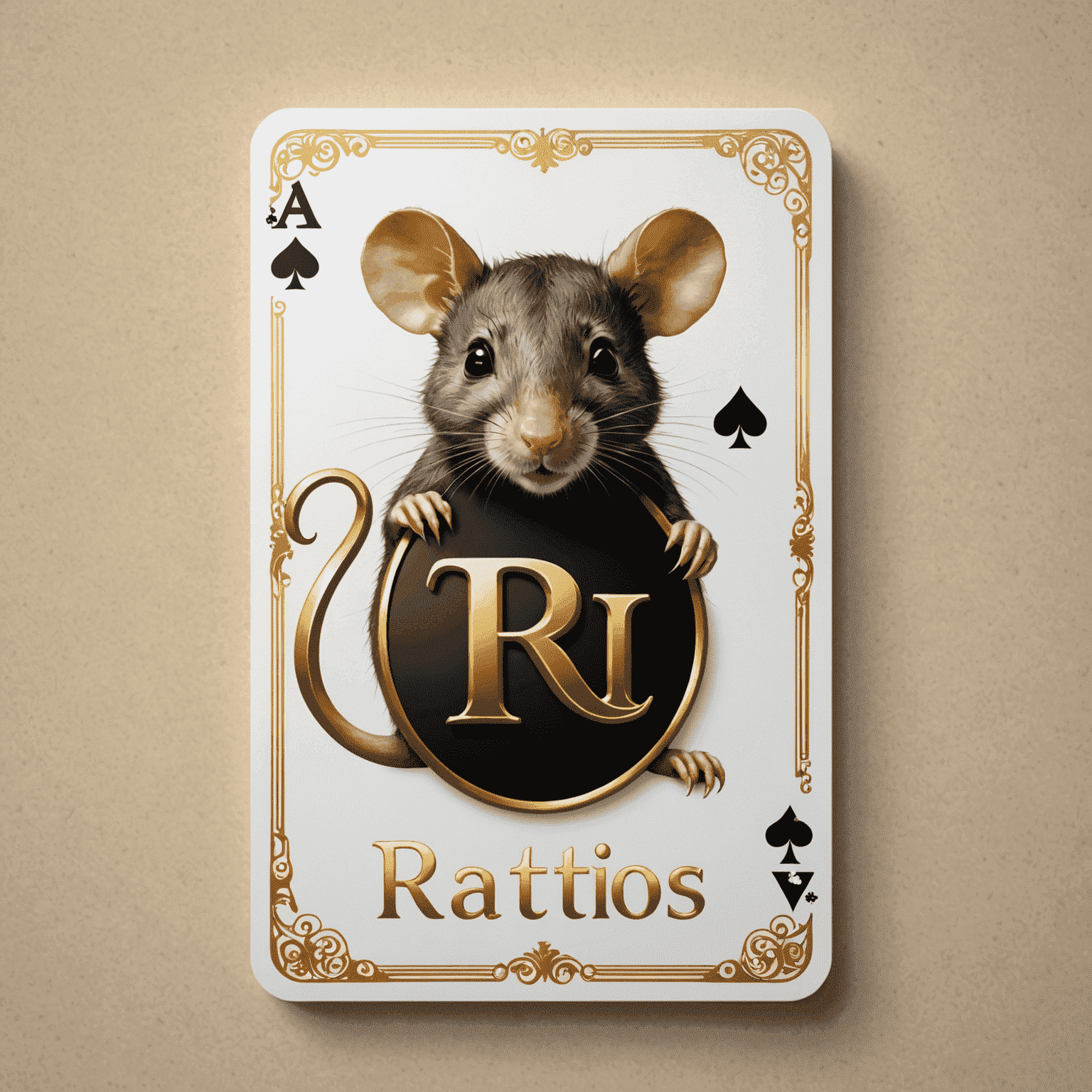 Ratitos.com logo - Een elegant ontwerp met gouden letters en een speelkaart symbool, wat luxe en spanning uitstraalt