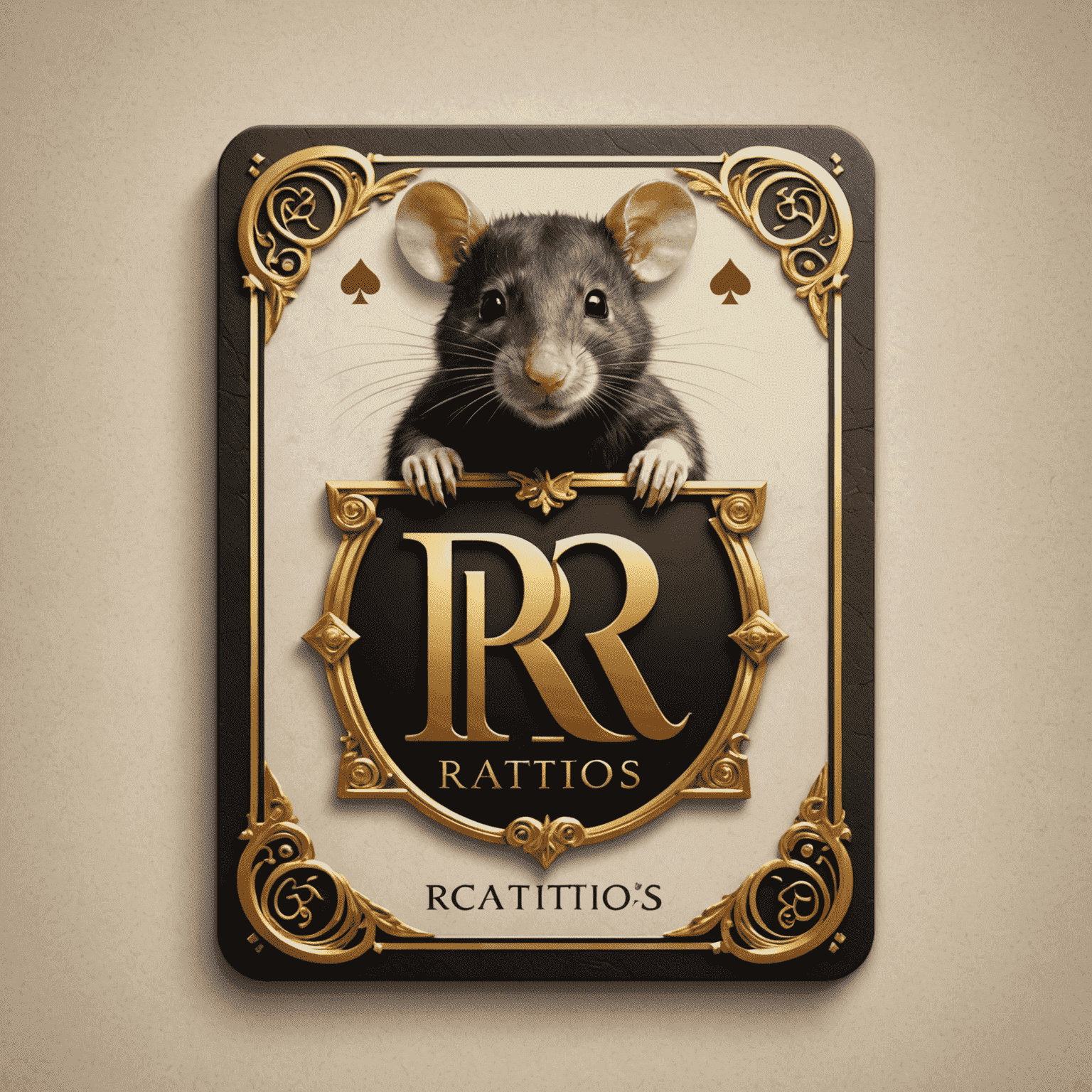 Ratitos.com logo - Een elegant ontwerp met gouden letters en een speelkaart symbool, wat luxe en spanning uitstraalt