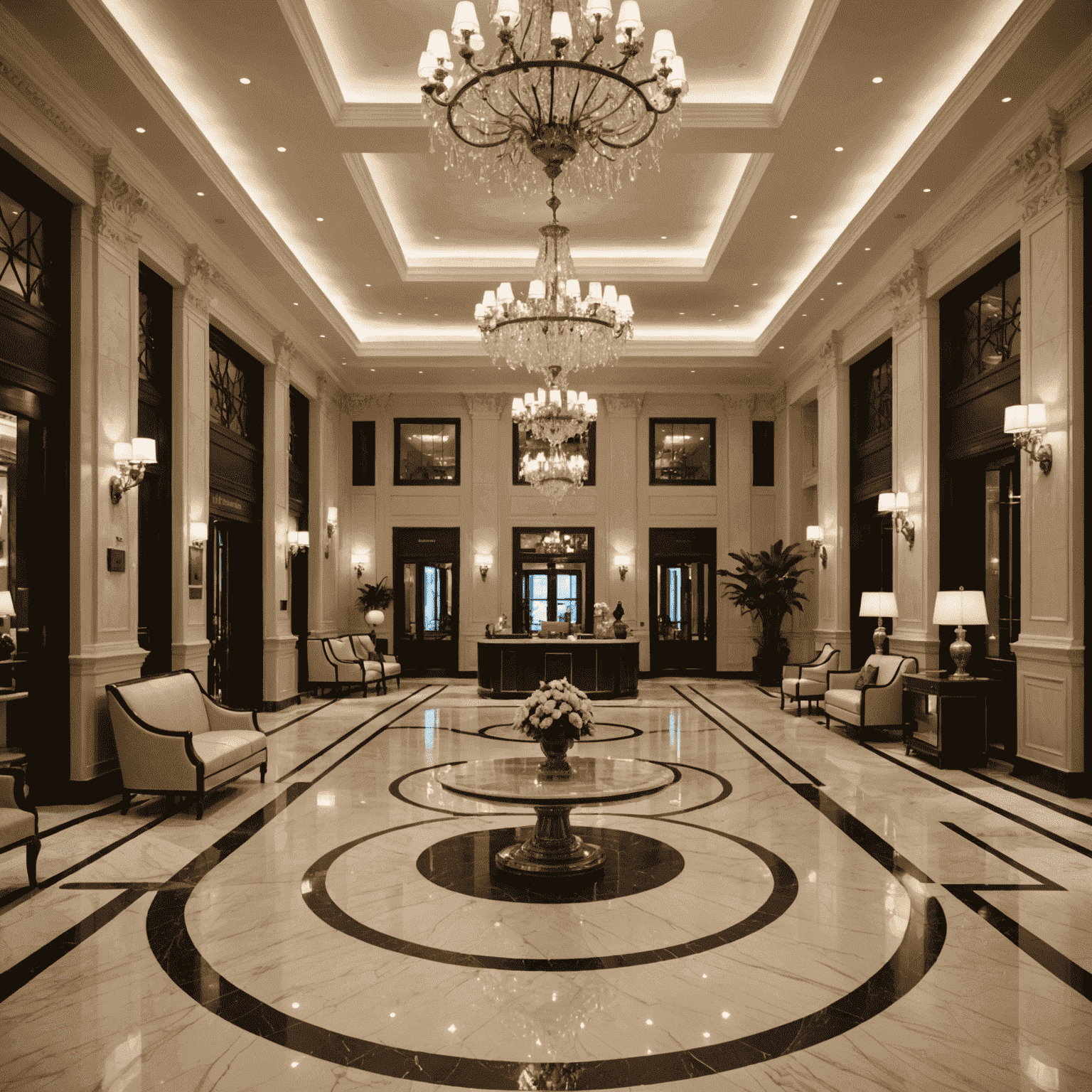Luxe hotellobby met kristallen kroonluchters, marmeren vloeren en elegante zithoeken. Gasten worden verwelkomd door vriendelijk personeel in stijlvolle uniformen.