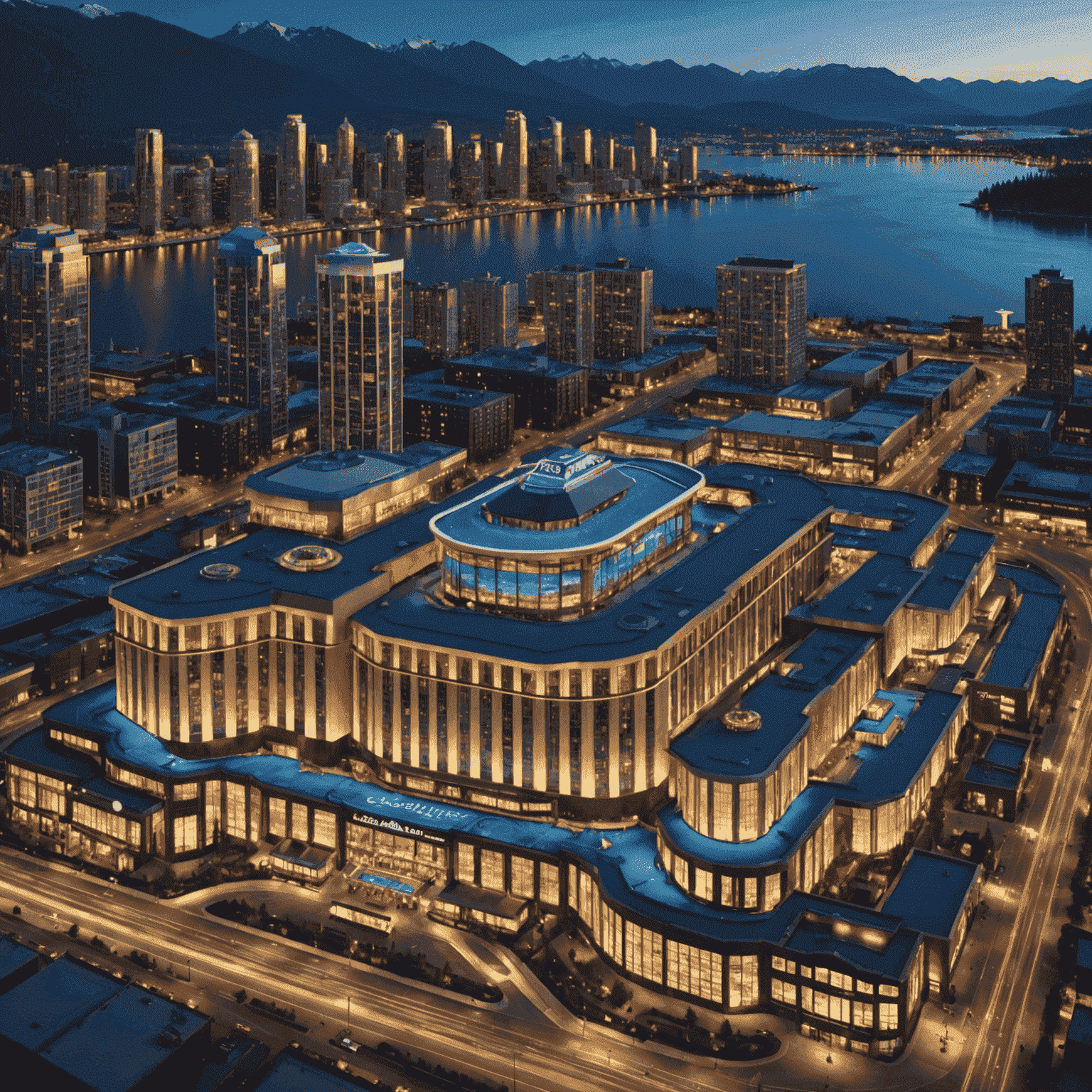 Luchtfoto van het nieuwe luxe casino resort in Vancouver, met een indrukwekkende architectuur, glinsterende lichten en een panoramisch uitzicht op de stad en de bergen