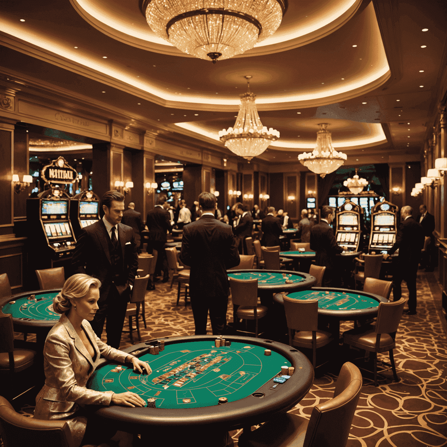 Luxe casino interieur met elegante speltafels en goed geklede gasten die verschillende casinospellen spelen