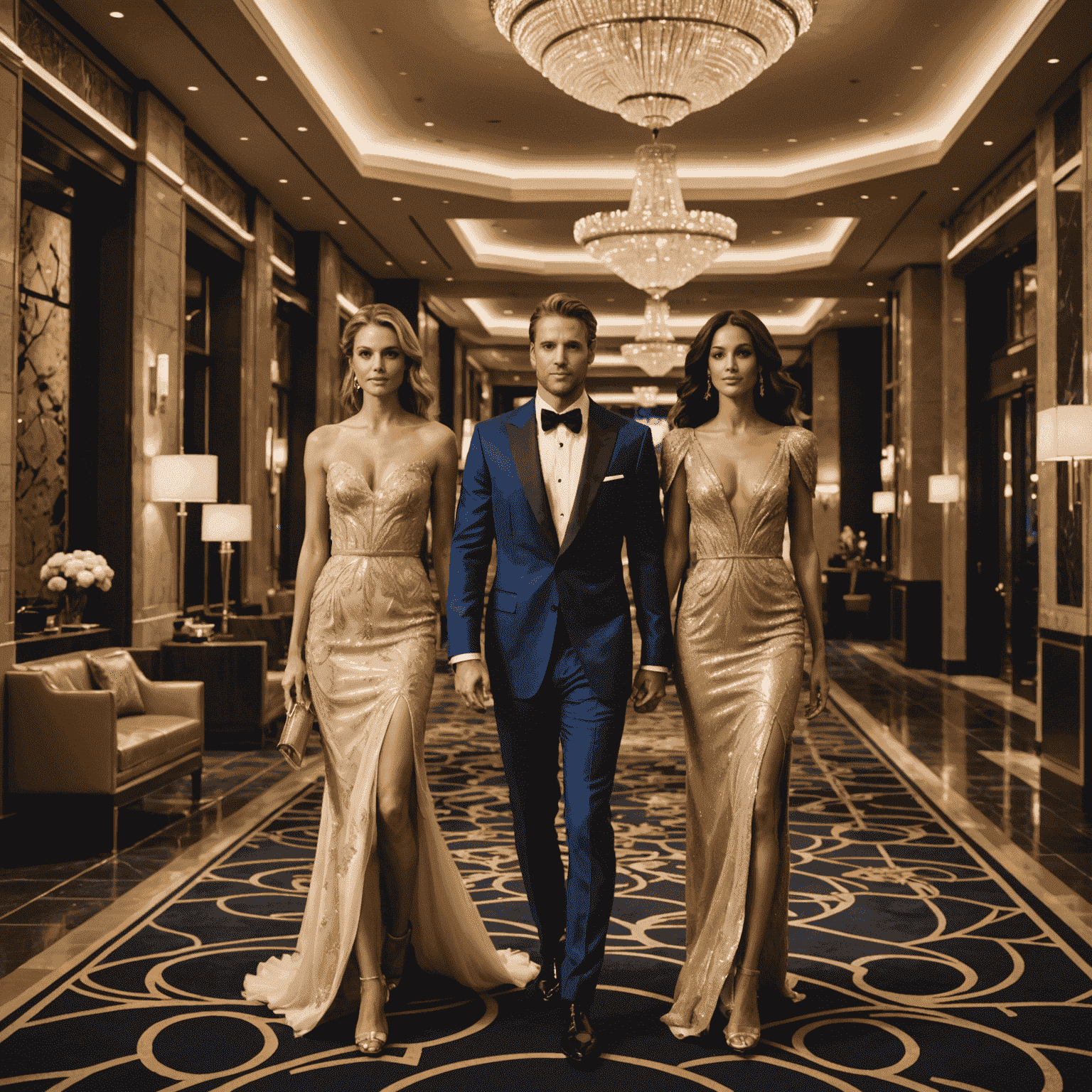 Luxueuze lobby van het nieuwe casinohotel in Montreal met beroemdheden die aankomen, gekleed in glamoureuze outfits