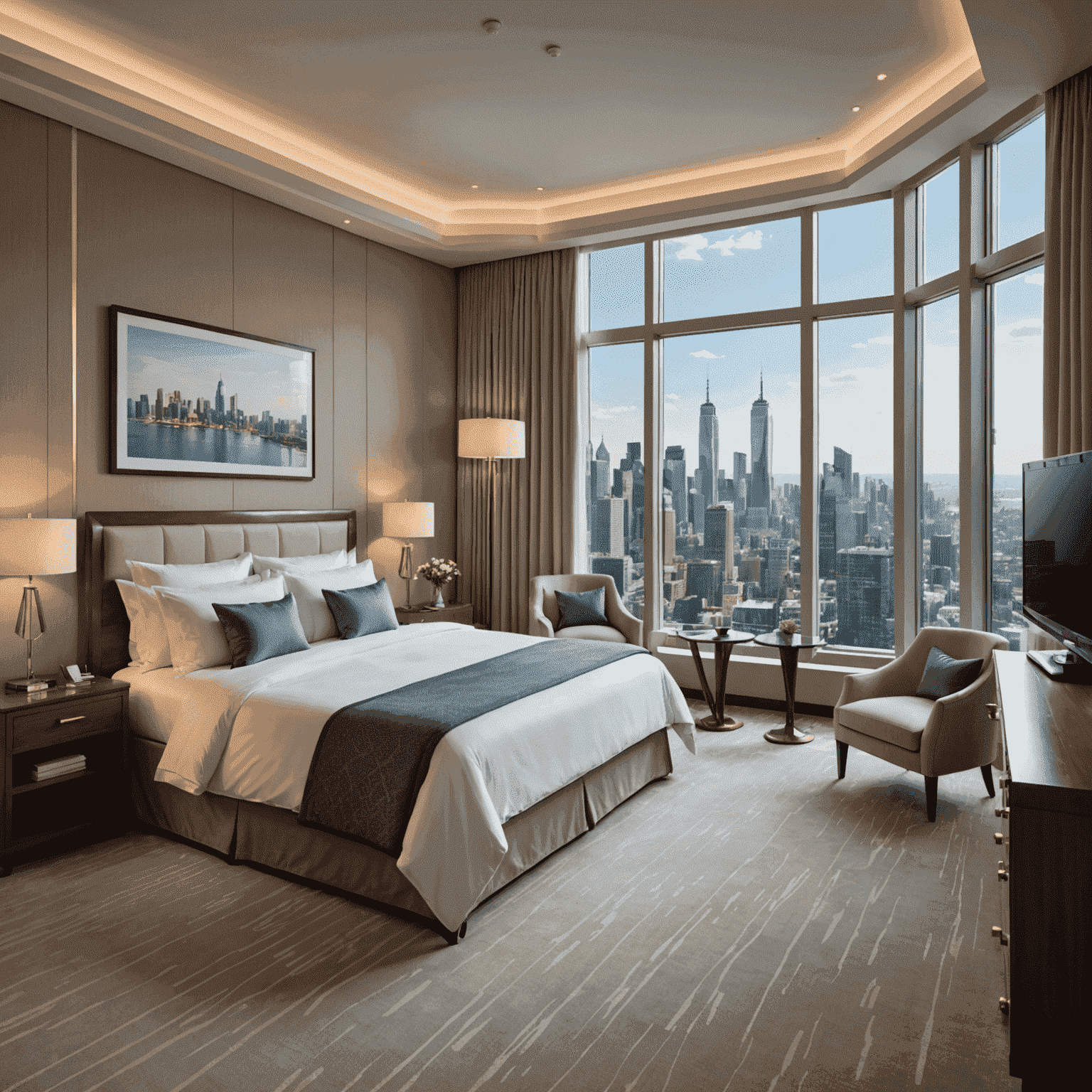 Luxueuze hotelkamer met kingsize bed, elegante meubels, en een panoramisch uitzicht op de skyline van de stad