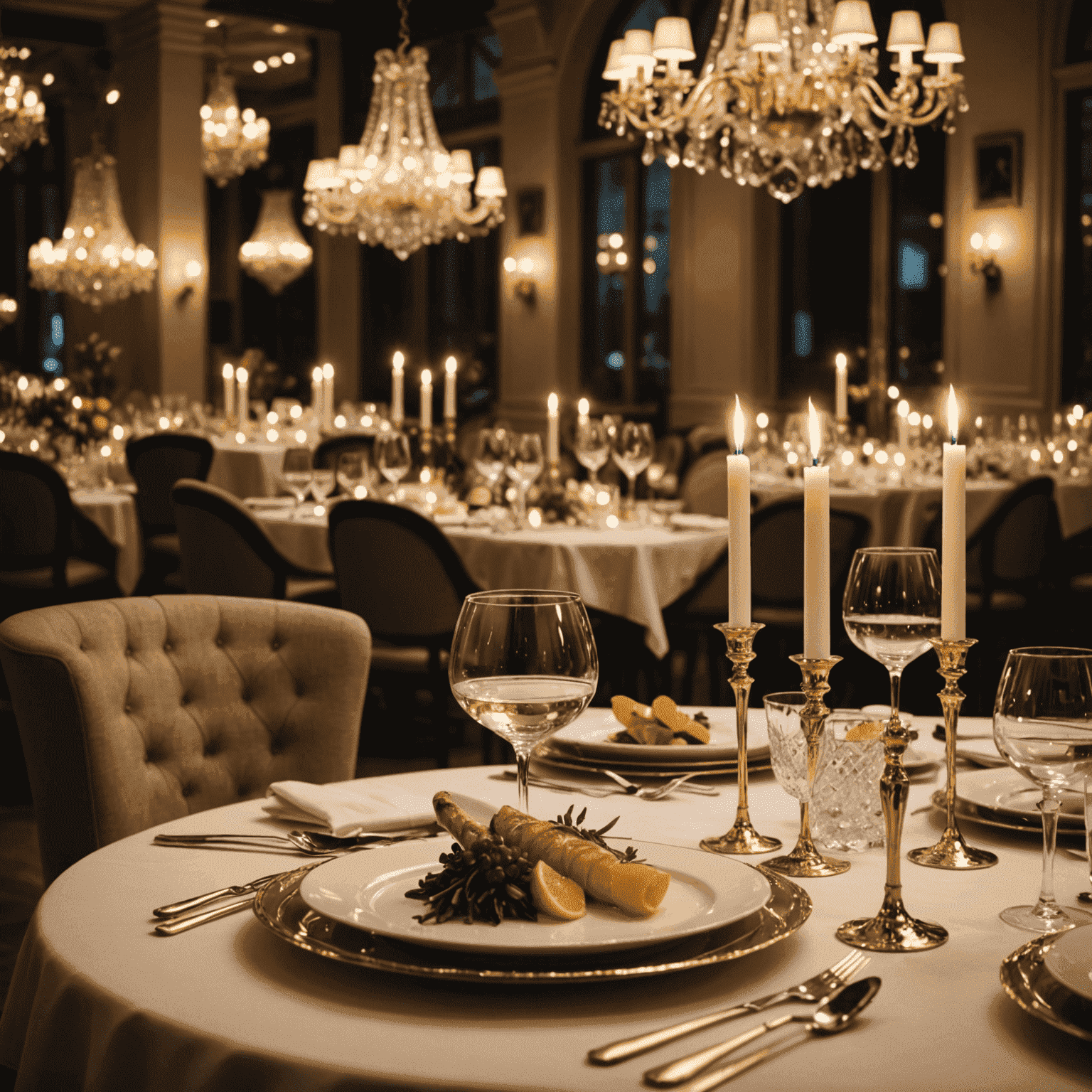 Een elegant gedekte tafel in een luxe restaurant met gouden bestek, kristallen glazen en zachte kaarsenverlichting. Op de achtergrond zijn chefs te zien die gerechten bereiden in een open keuken.