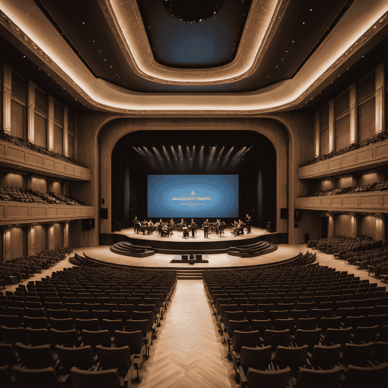 Luxe concertzaal met een groot podium, geavanceerde lichtinstallaties en een volle zaal met enthousiast publiek