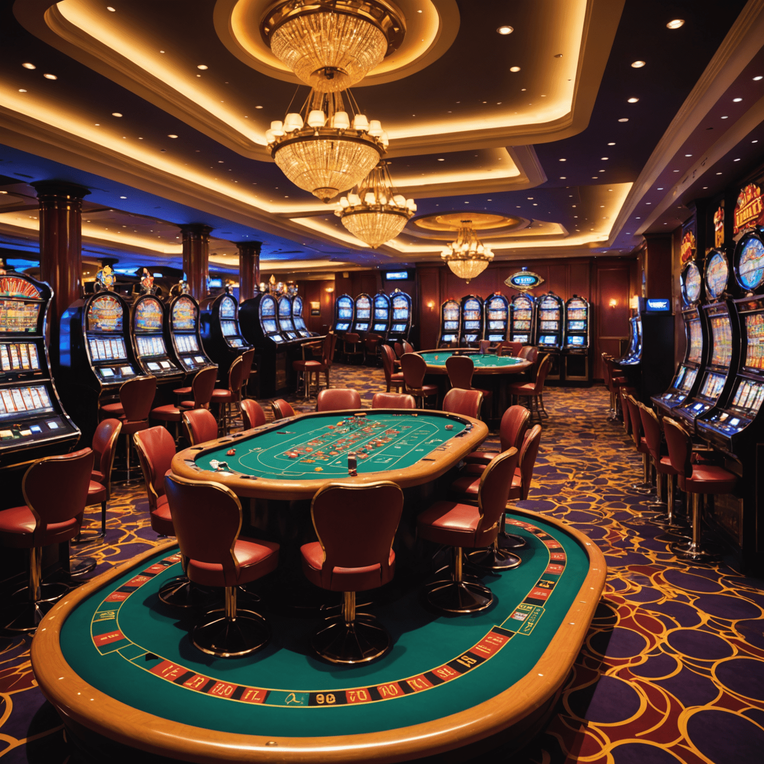 Levendige casinovloer met roulette- en blackjacktafels, slotmachines en enthousiaste spelers. De ruimte straalt opwinding uit met felle lichten en luxe decor.