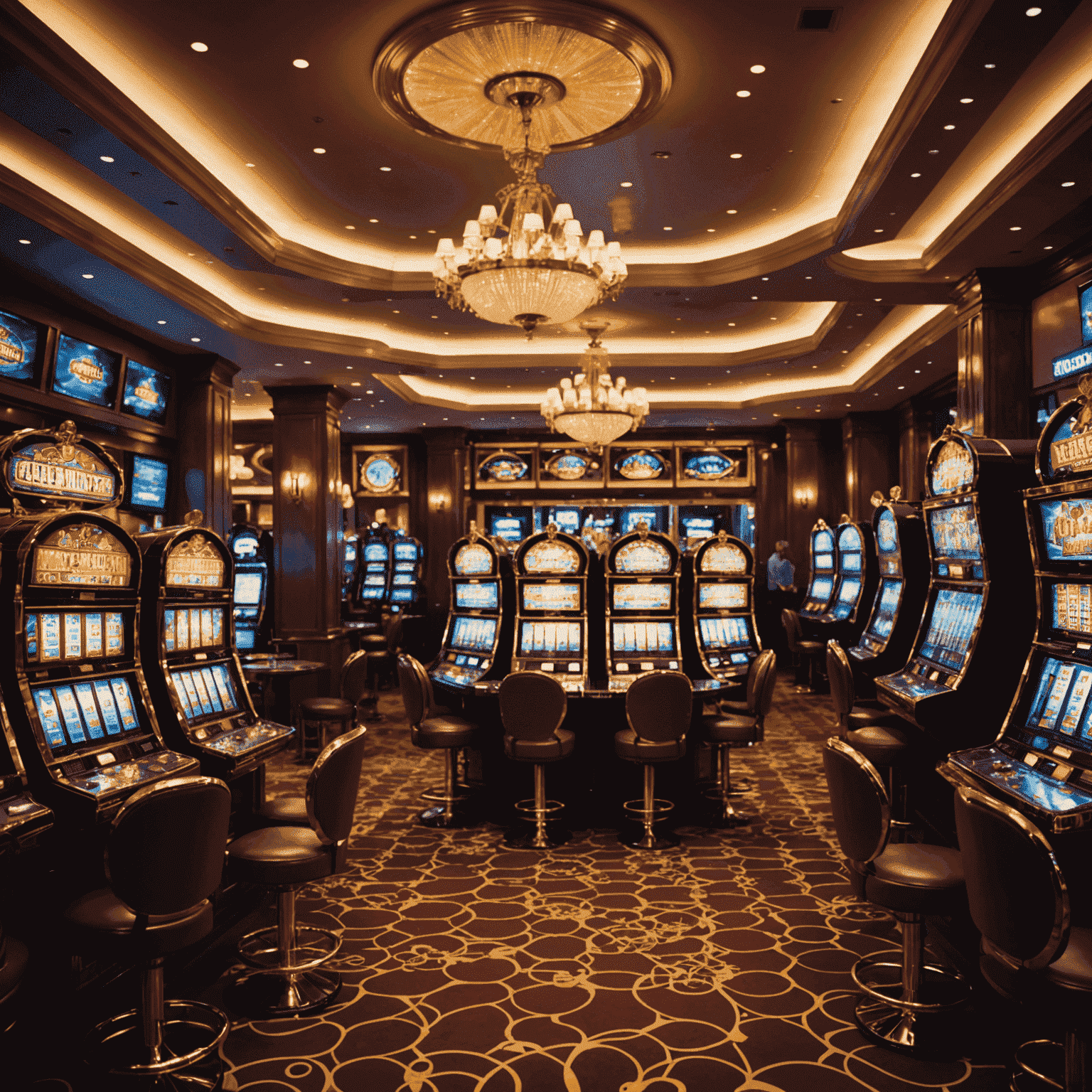 Interieur van het casino met glinsterende speelautomaten, elegante speeltafels en een sfeervolle verlichting die luxe en opwinding uitstraalt