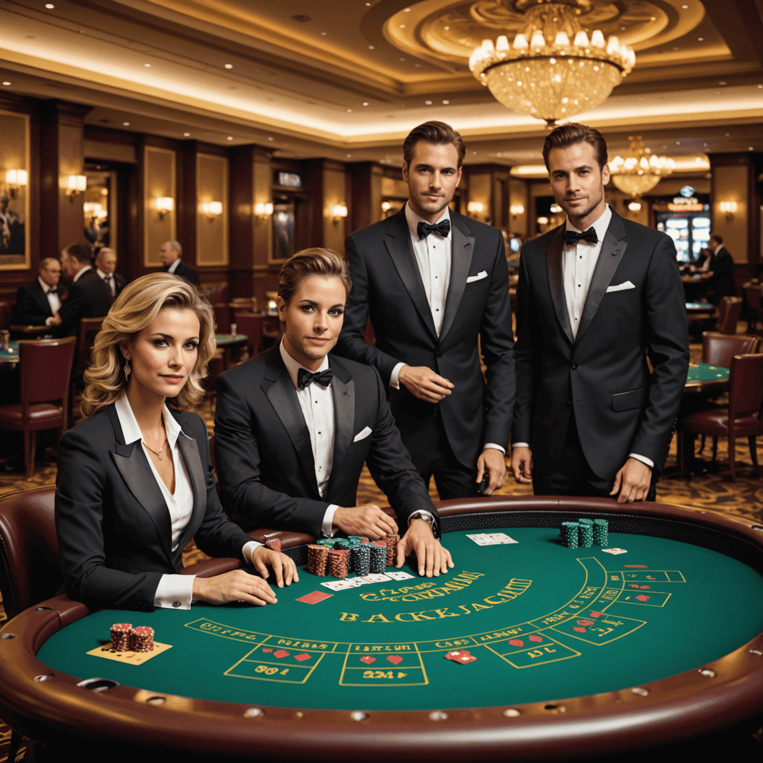 Elegante blackjack tafel met spelers en dealer in een luxe Canadees casinoresort