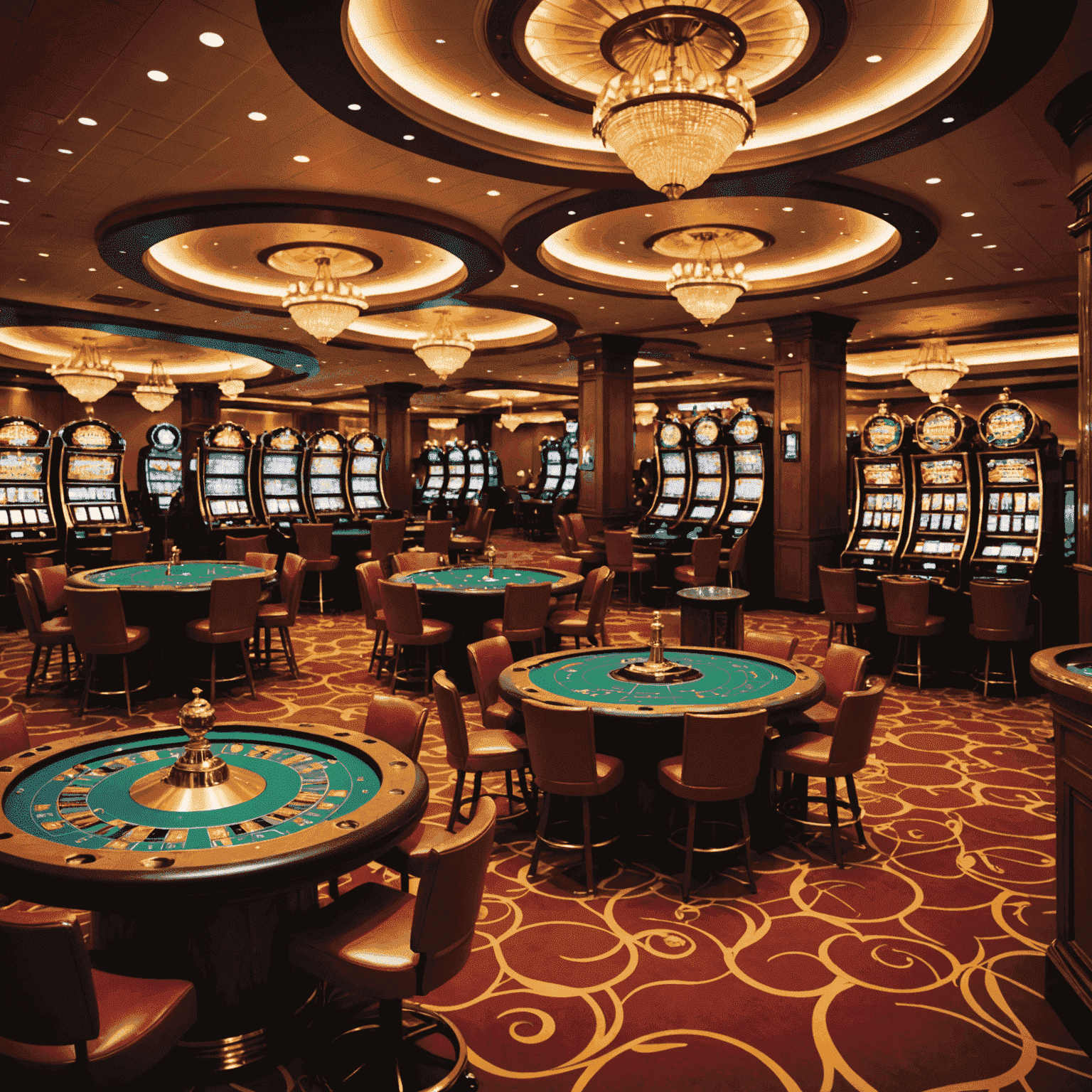 Levendige casinovloer met roulettetafels, slotmachines en enthousiaste spelers