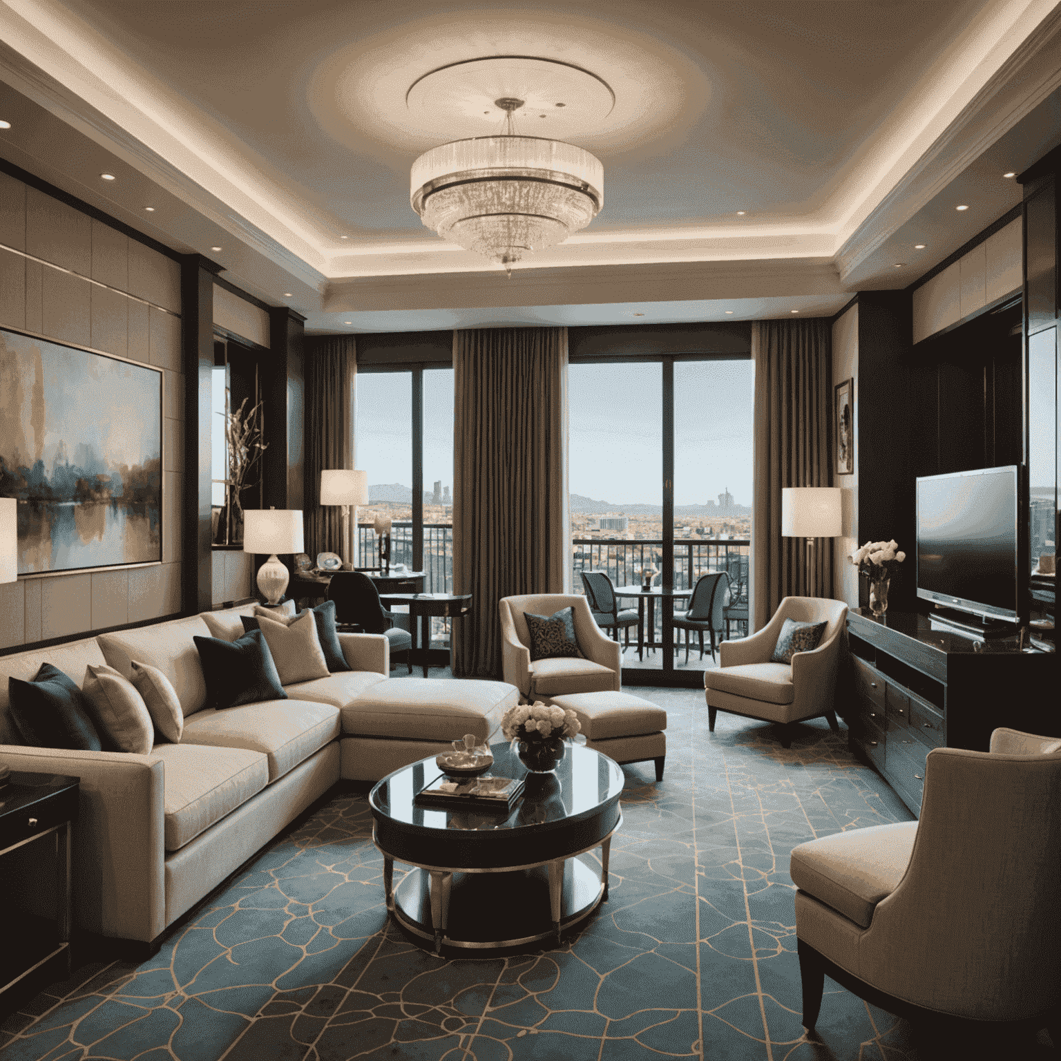 Ruime suite met een aparte woonkamer, luxe badkamer en een privébalkon met uitzicht op het casino