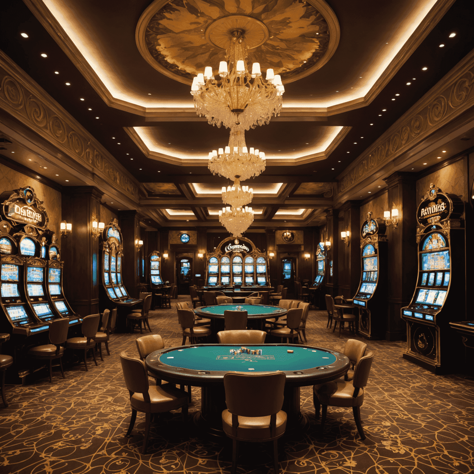 Een panoramisch uitzicht op de elegante casinovloer van Ratitos.com, met glinsterende kroonluchters, luxe tapijten en een mix van klassieke en moderne speeltafels.