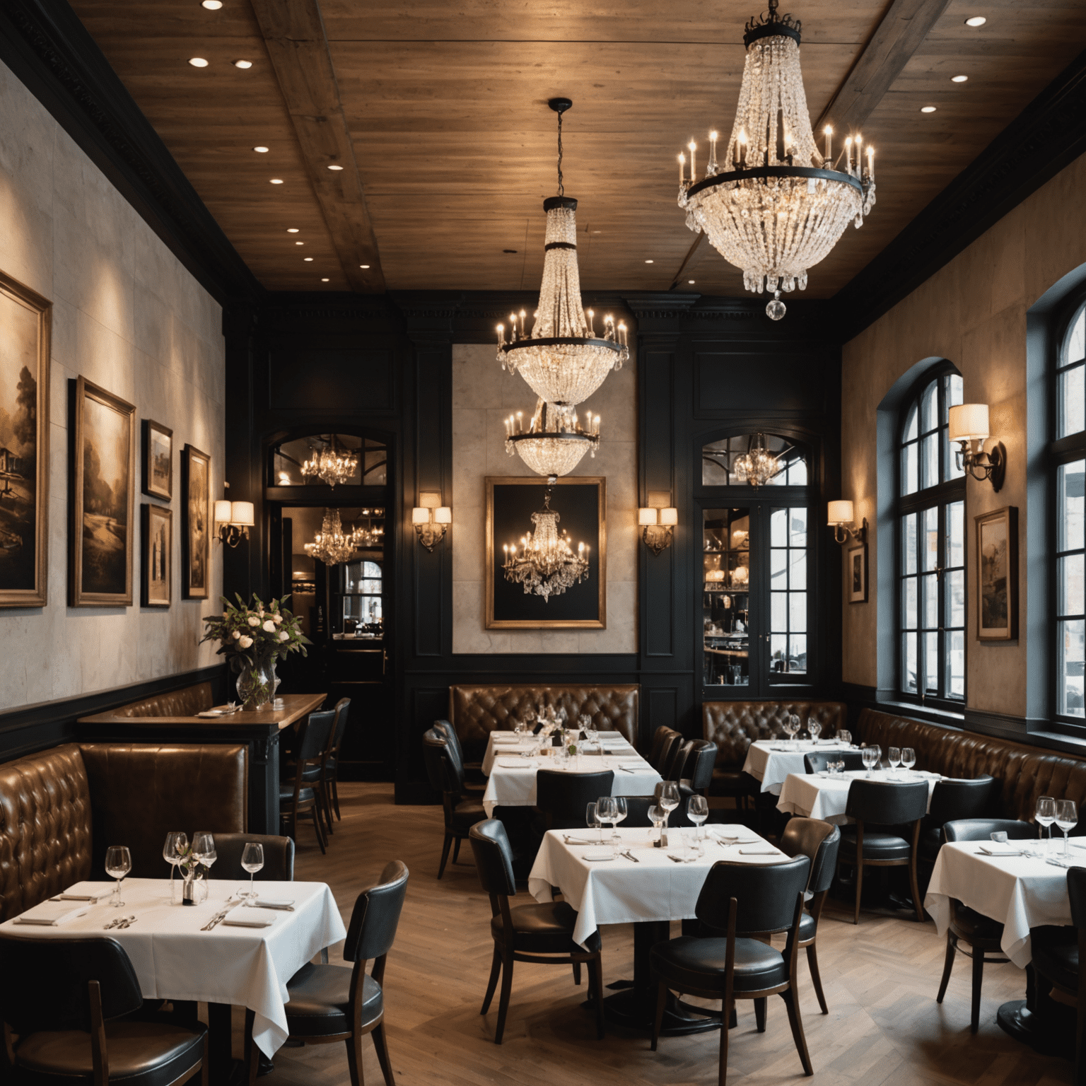 Een collage van drie restaurantinterieurs: een chic Frans restaurant met kristallen kroonluchters, een rustiek Canadees restaurant met houten accenten en een modern steakhouse met leren stoelen en dimbare verlichting.