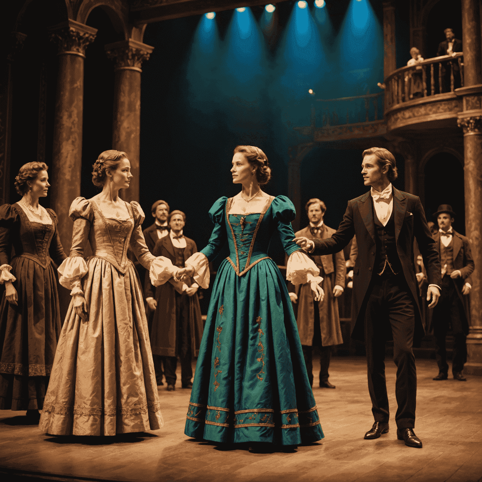 Elegante theatervoorstelling met acteurs in prachtige kostuums op een sfeervol verlicht podium
