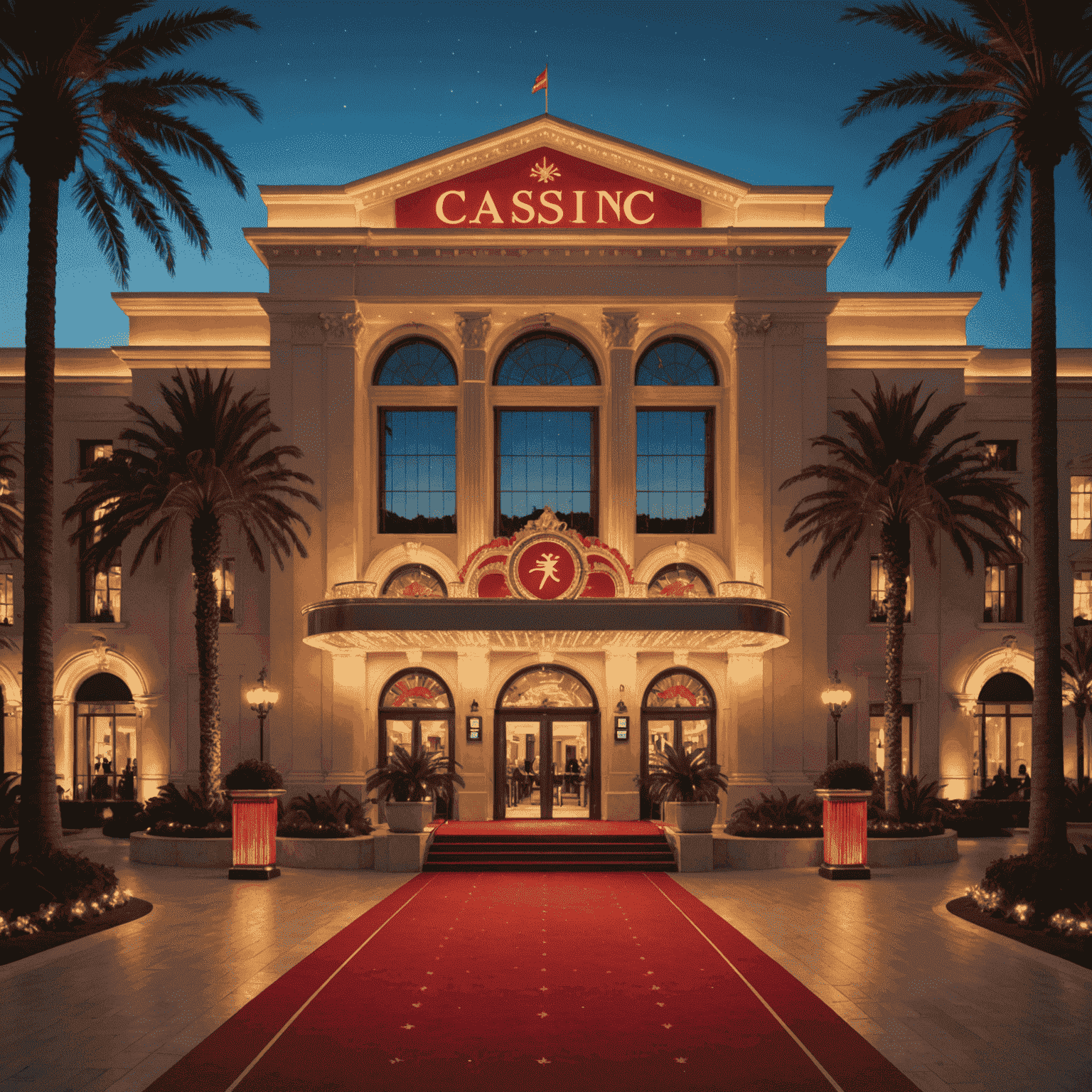 Een luxueus casinogebouw met glinsterende lichten en een rode loper voor de ingang, omringd door palmbomen en elegante gasten in avondkleding