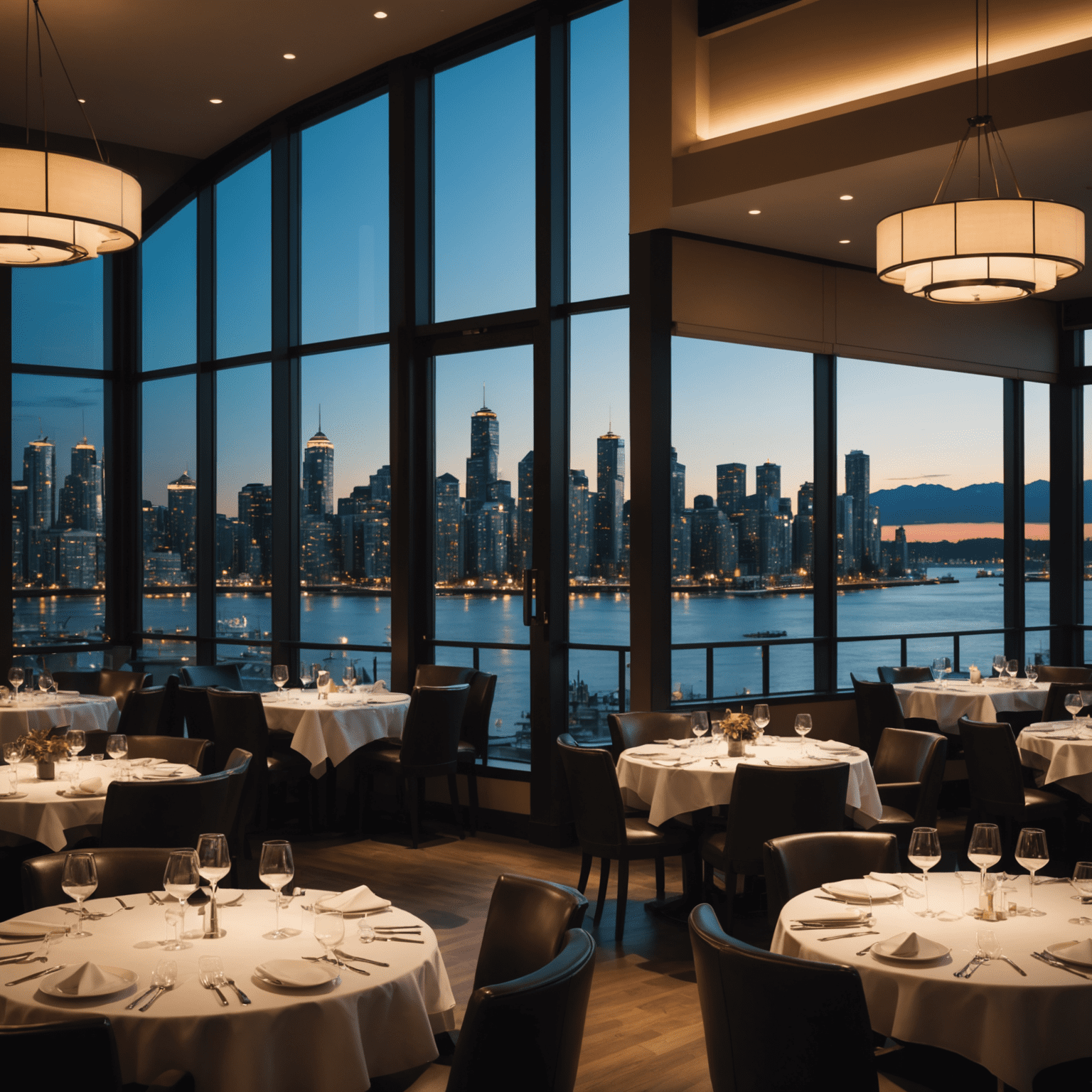 Elegant restaurant interieur met gedekte tafels, zachte verlichting en een panoramisch uitzicht op de skyline van Vancouver