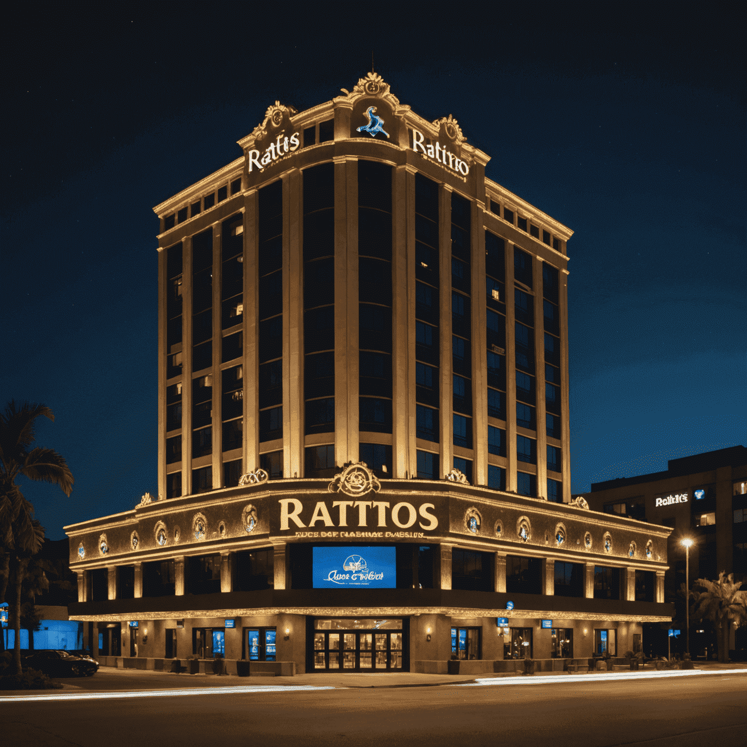 Nachtelijk uitzicht op de buitenkant van het Ratitos Luxe Resort & Casino, verlicht en glitterend tegen de skyline van Montreal