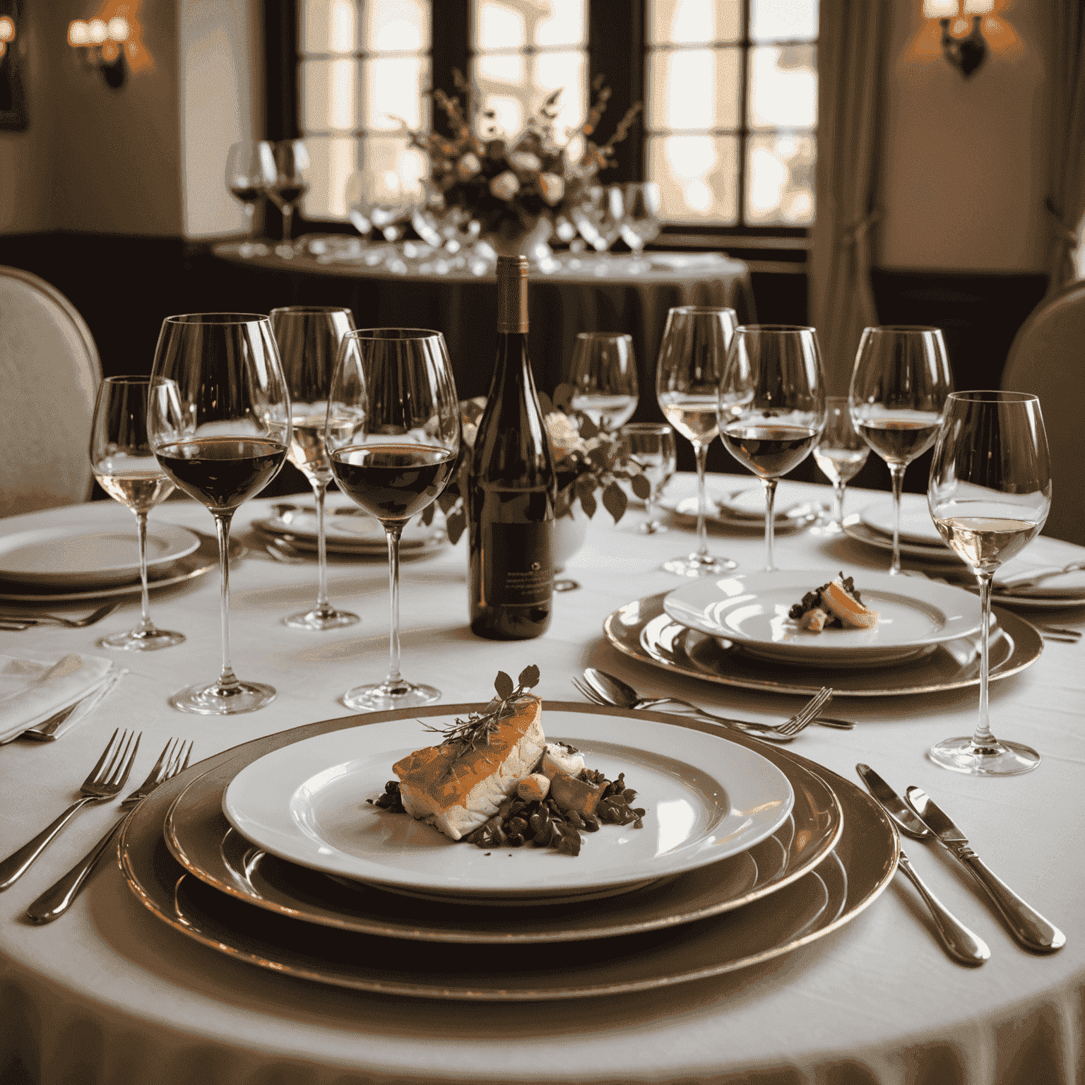 Elegant gedekte tafel in een luxe restaurant met een prachtig gerecht en wijnglazen