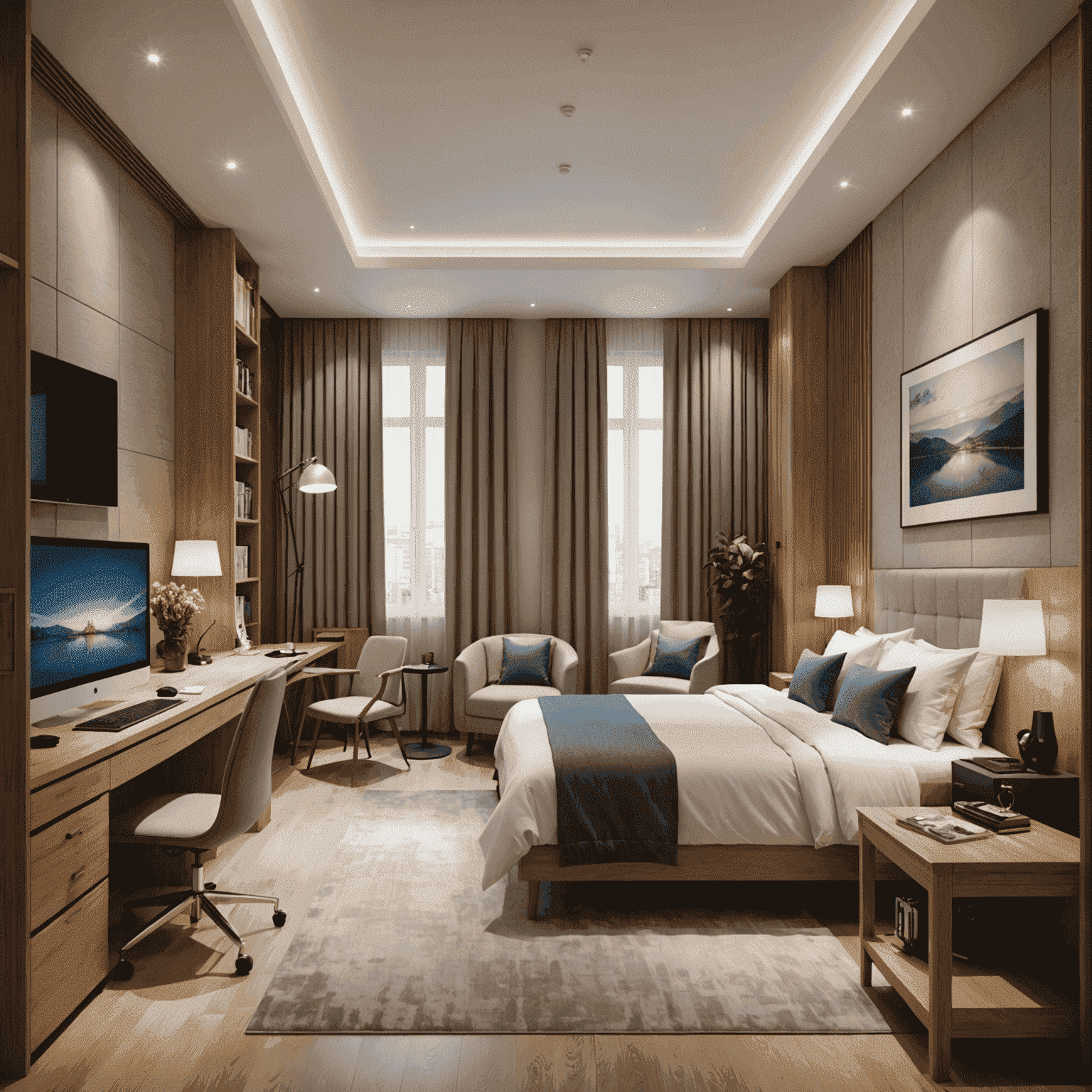 Elegante tweepersoonskamer met een comfortabel bed, werkruimte en moderne voorzieningen