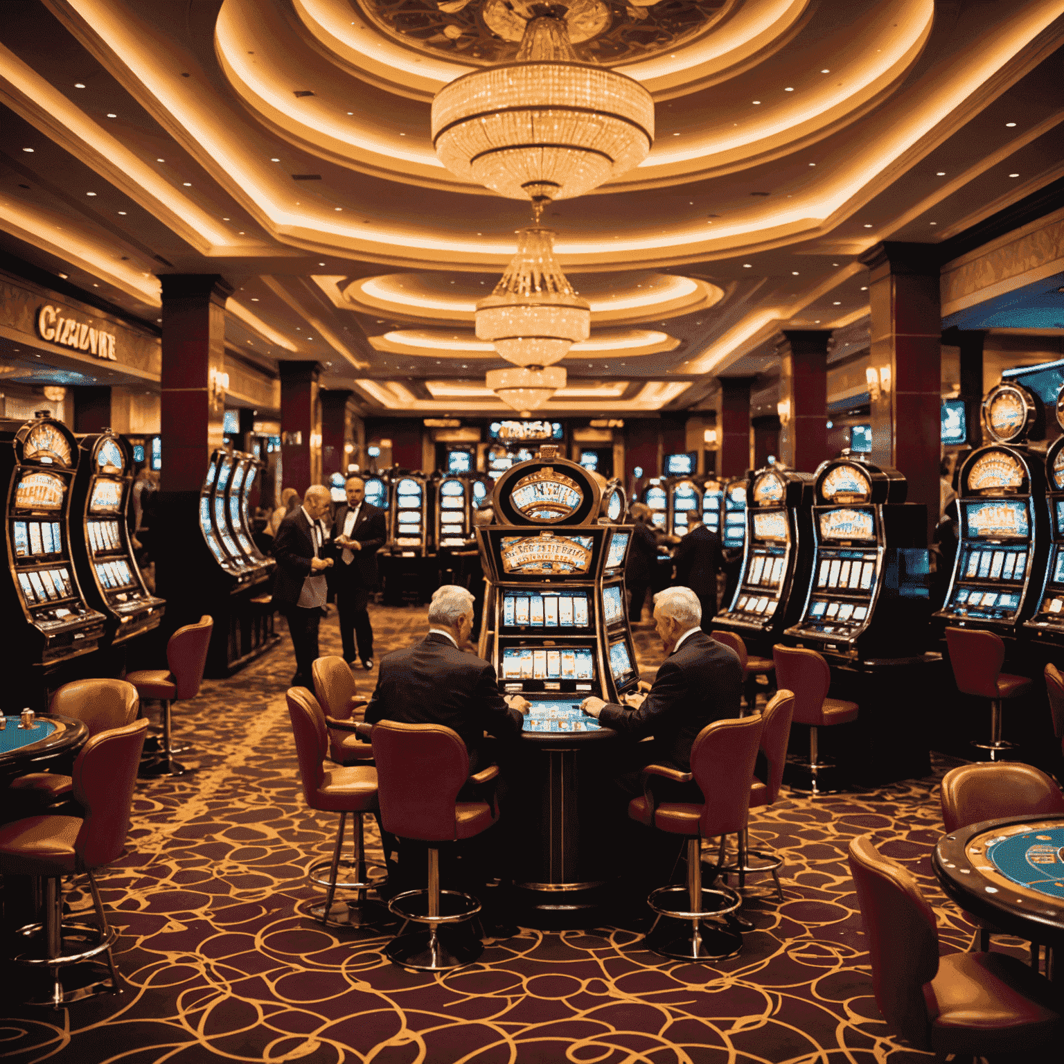 Opwindende casinovloer met gokautomaten, roulettetafels en elegante gasten die genieten van het spel