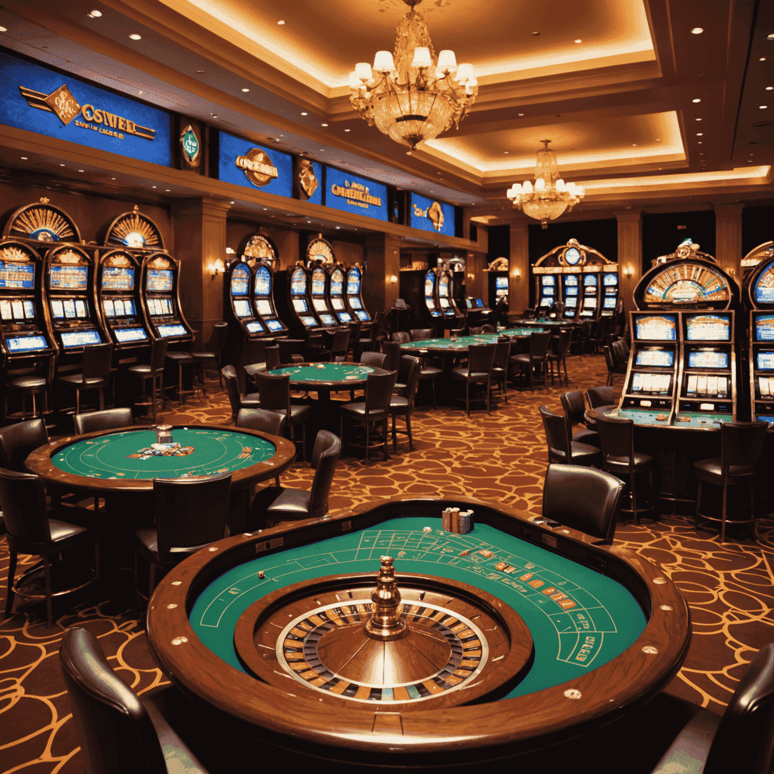 Collage van populaire casinospellen waaronder roulette, blackjack, poker, en slotmachines in een luxe casinoomgeving