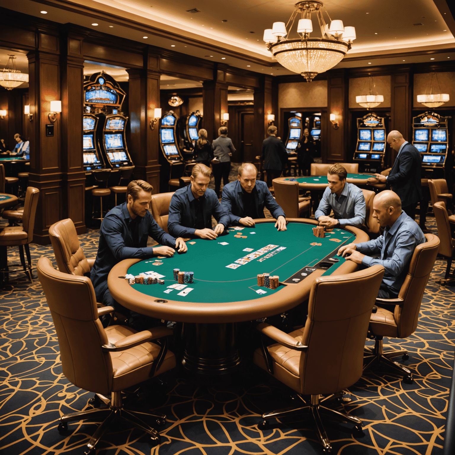 Professionele pokertafel met spelers die geconcentreerd hun handen bestuderen in een luxueus Canadees casinoresort