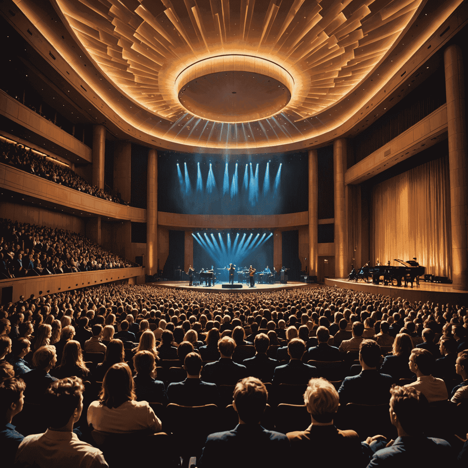 Concertzaal met een live optreden, enthousiast publiek en spectaculaire lichtshow