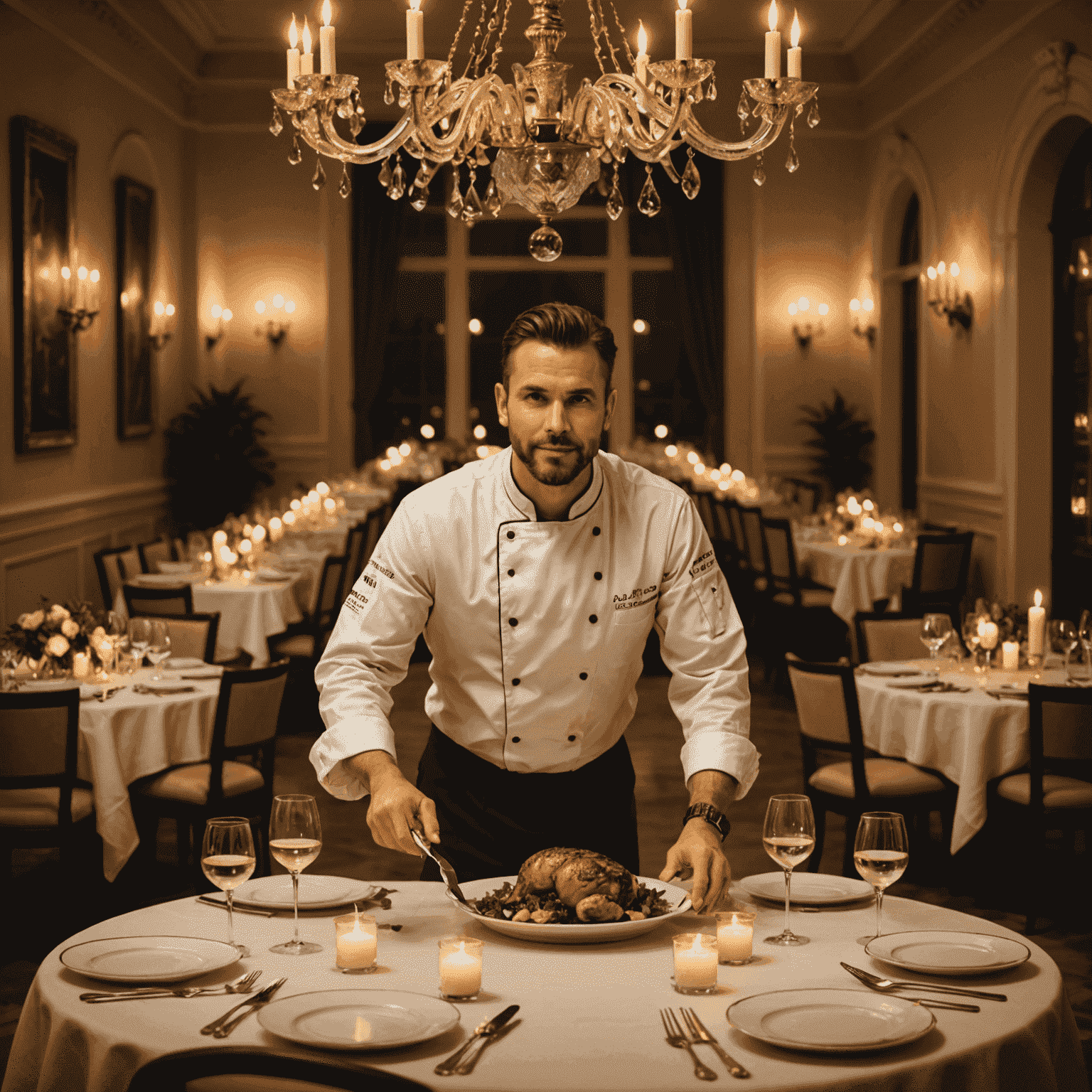 Luxe dinerruimte met gedekte tafels, kaarslicht en een chef die een culinair meesterwerk presenteert