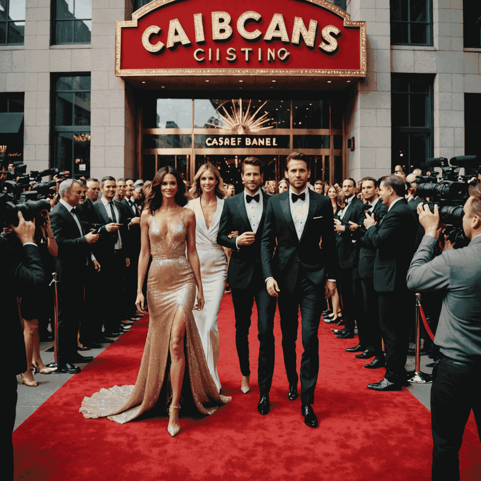 Beroemdheden poseren op een rode loper voor een glitterend casinohotel in Montreal, omringd door flitsende camera's en enthousiaste fans