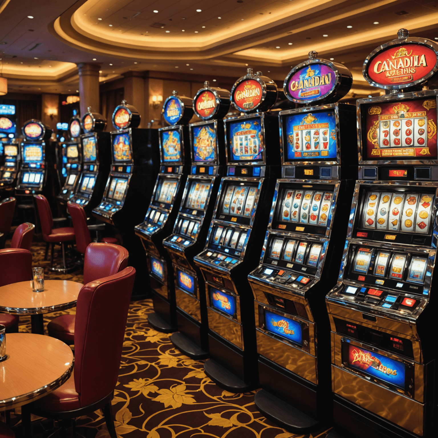 Rij van geavanceerde slotmachines met levendige displays in een chic Canadees casinoresort