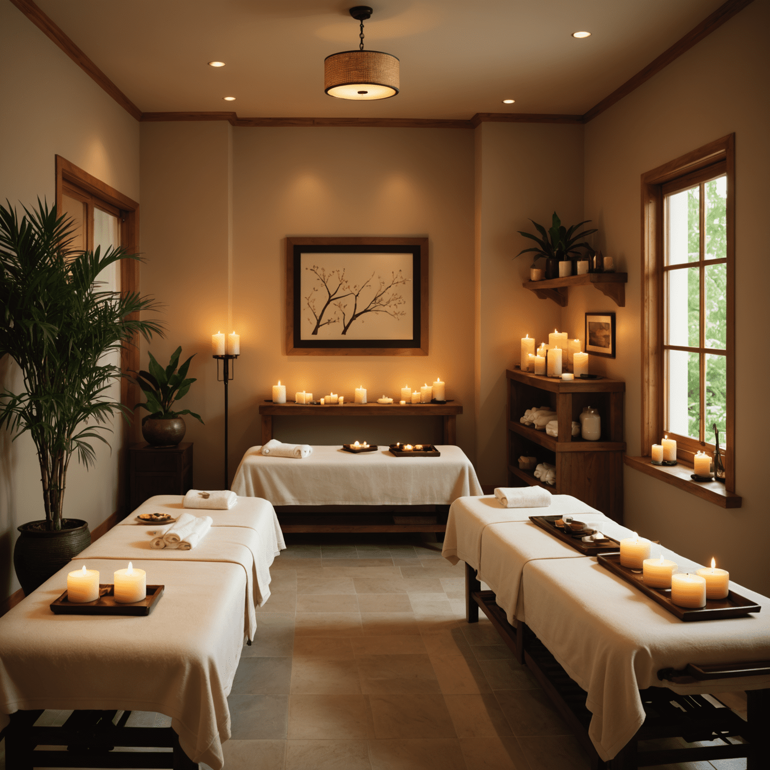 Serene spa-omgeving met massagetafels, kaarsen en ontspannende sfeer