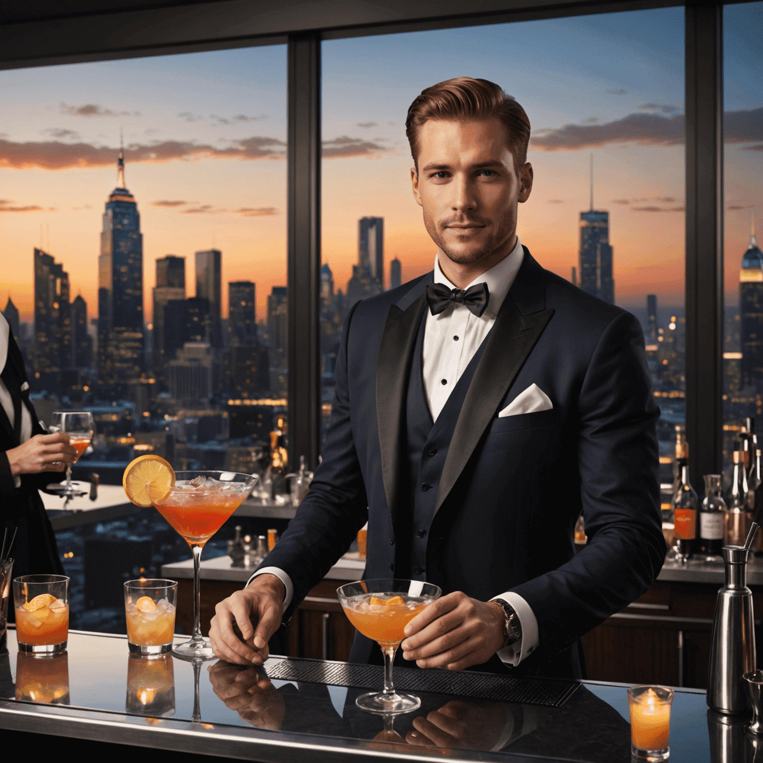 Stijlvolle cocktailparty met gasten in avondkleding, een bartender die cocktails mixt en een prachtig uitzicht op de skyline