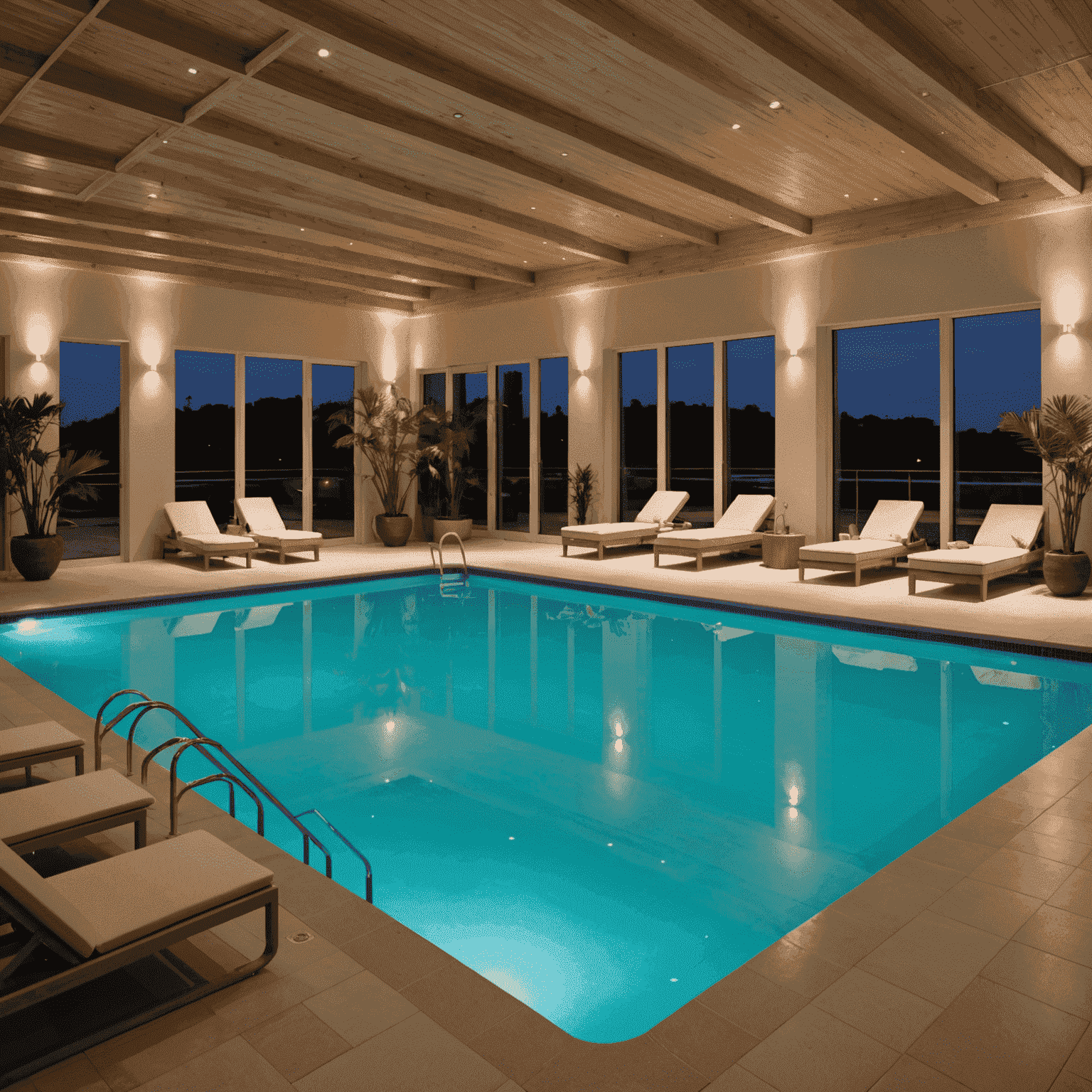 Ruim binnenzwembad met ontspannende sfeerverlichting en comfortabele ligstoelen