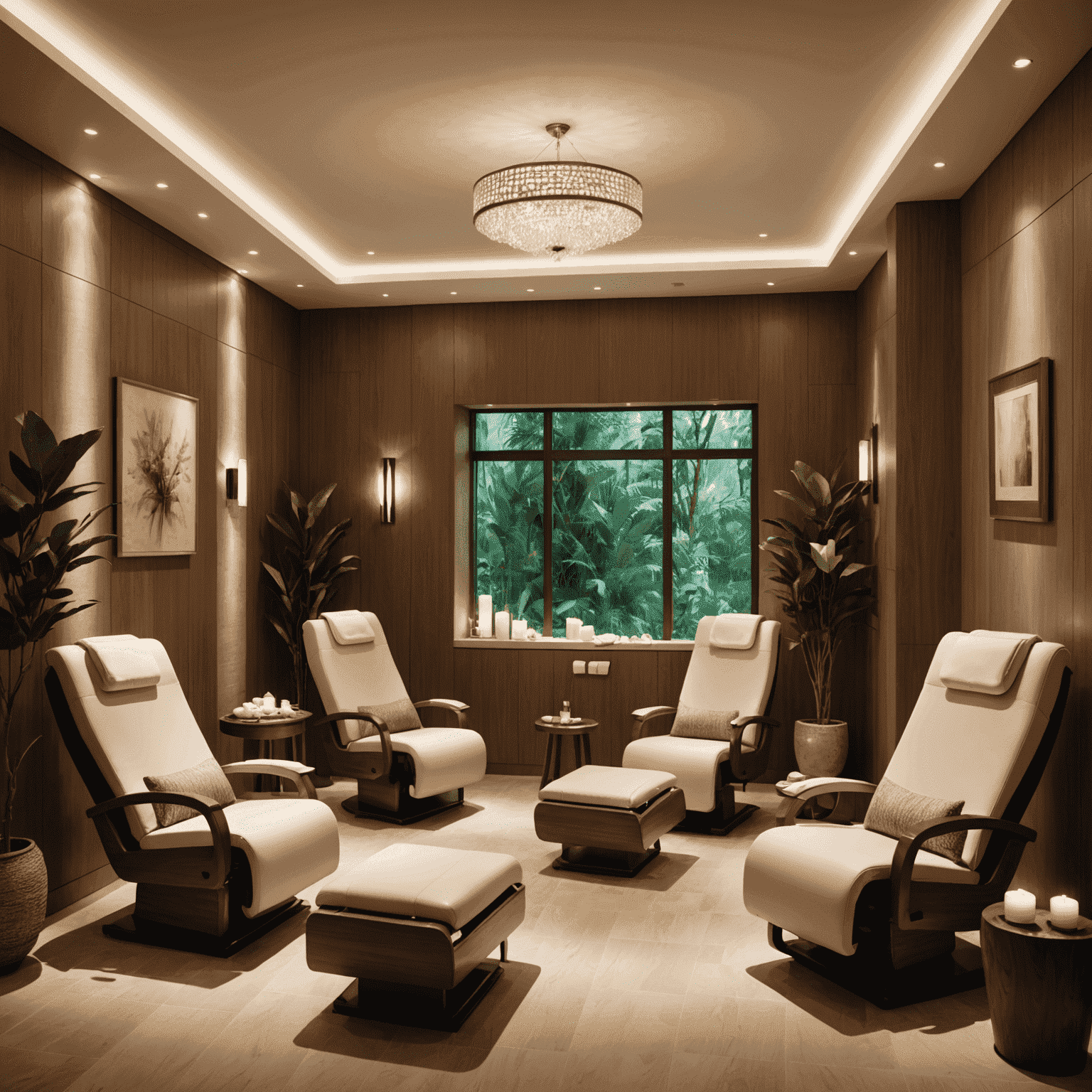 Wellness-ruimte met luxe behandelstoelen, zachte verlichting en ontspannen gasten die genieten van spa-behandelingen