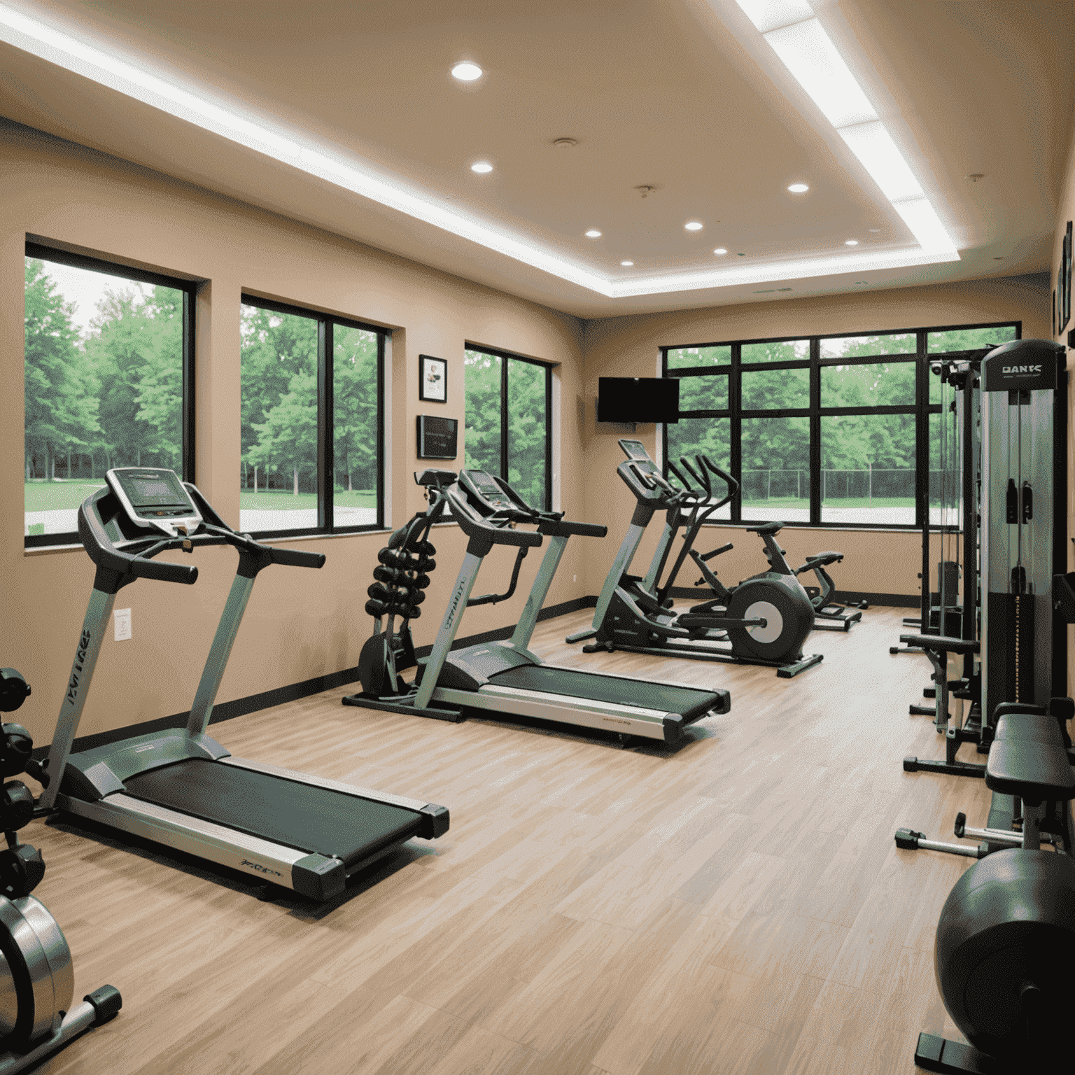 Modern uitgeruste fitnessruimte met cardio- en krachttrainingsapparatuur