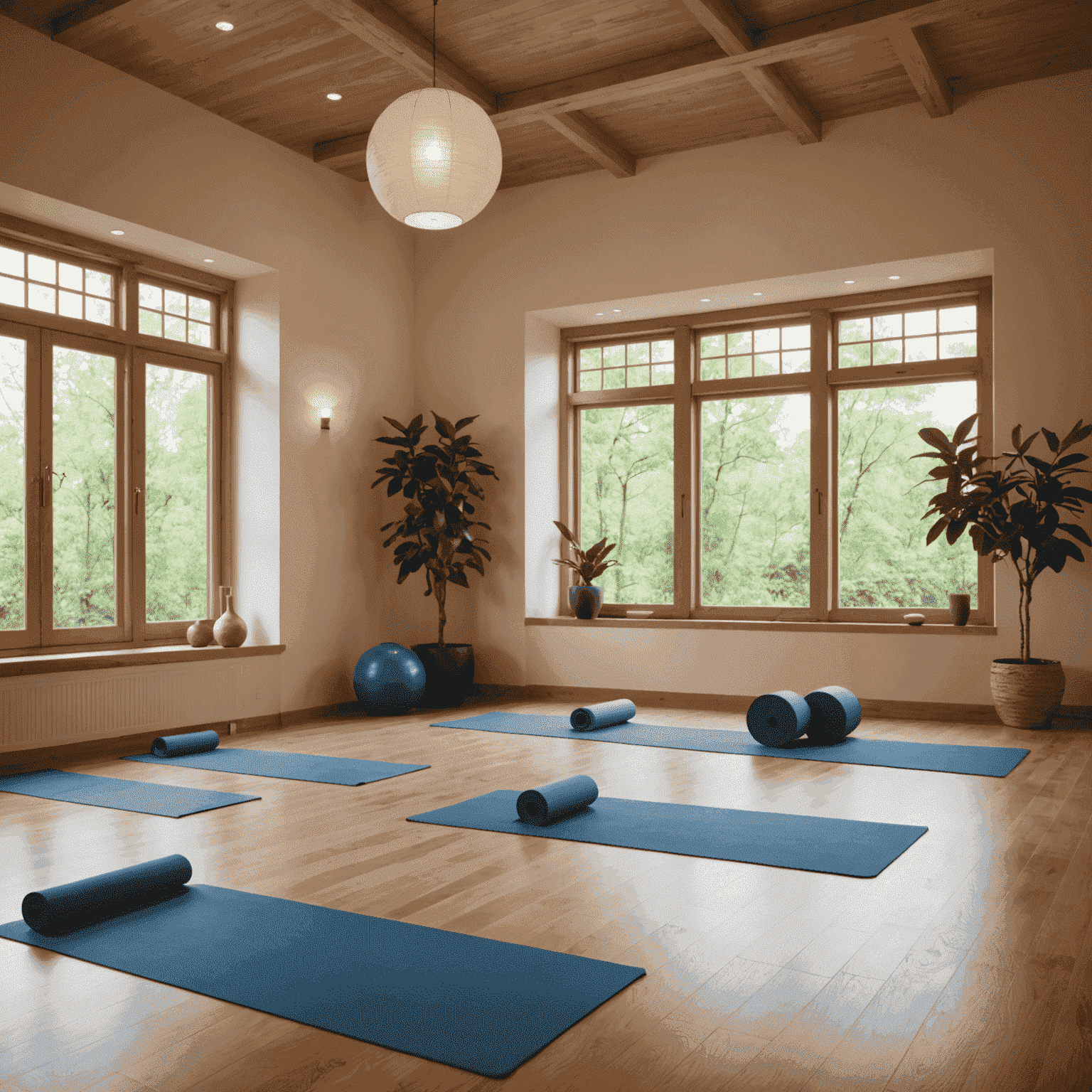 Ontspannende yogastudio met zachte verlichting en yogamatten